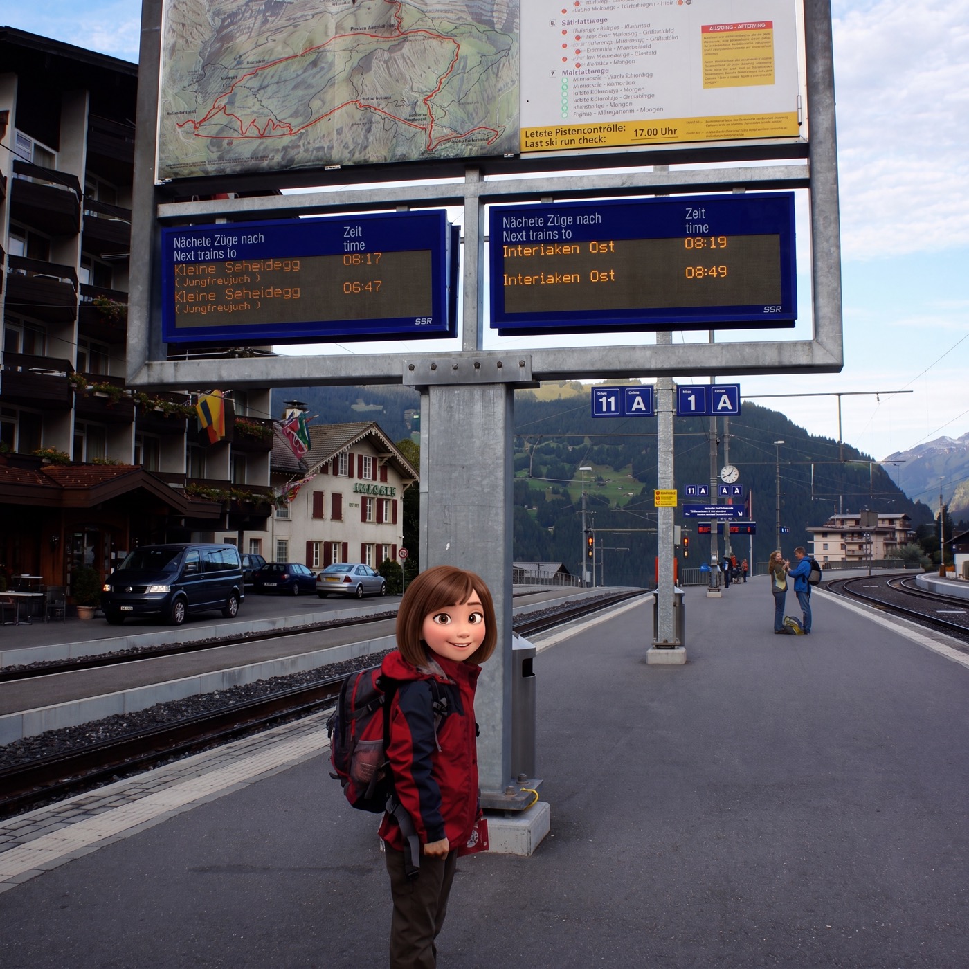 宿を早めに出て、グリンデルワルト(Grindelwald)の駅へ。発車案内には「Kleine Scheidegg（Jungfraujoch）