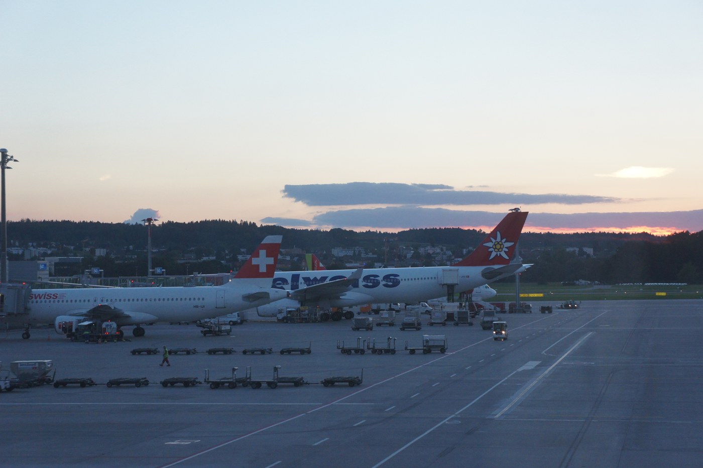 夕暮れの滑走路。スイスの航空会社エーデルワイスの機体が、赤い尾翼を並べていた。ここから、長いフライトが始まる。