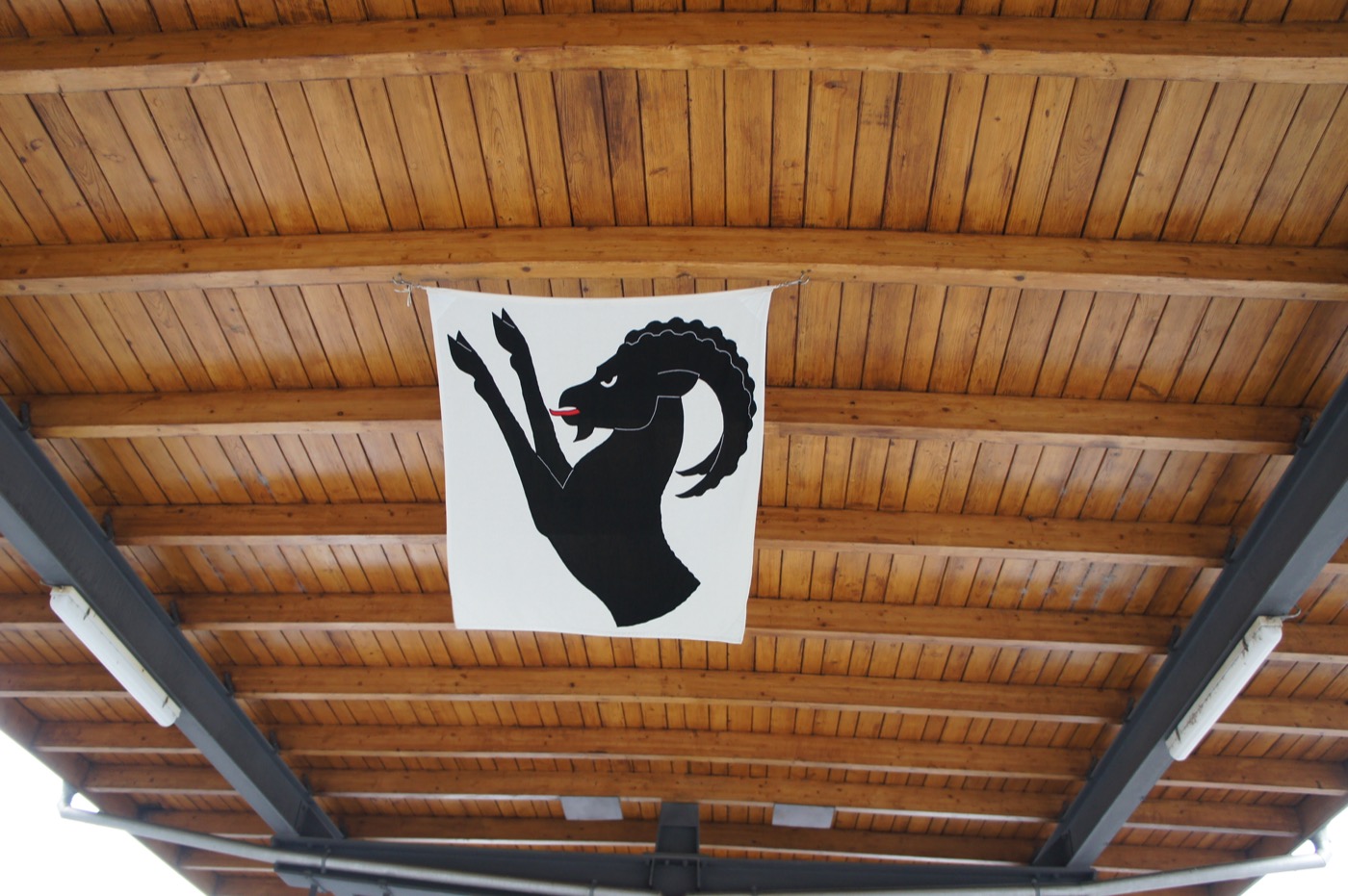 乗り換えの駅で見上げると、木の天井から黒いアイベックス(野生の山羊)を描いた旗が下がっていた。赤い舌をぺろりと出した、どこか愛嬌のあるデザイ