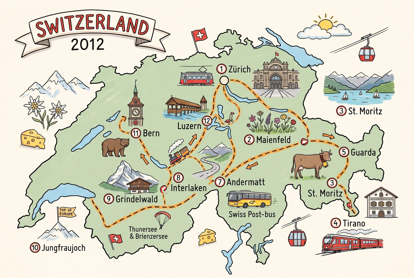2012年スイス旅行の全行程マップ(手描きイラスト)
